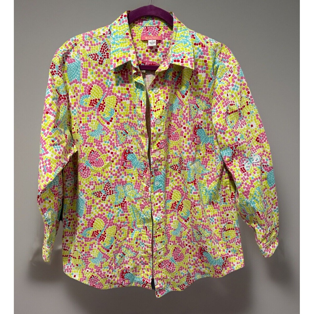 Key West Women's Button Up Cotton Beach Summer Butterfly Sz M